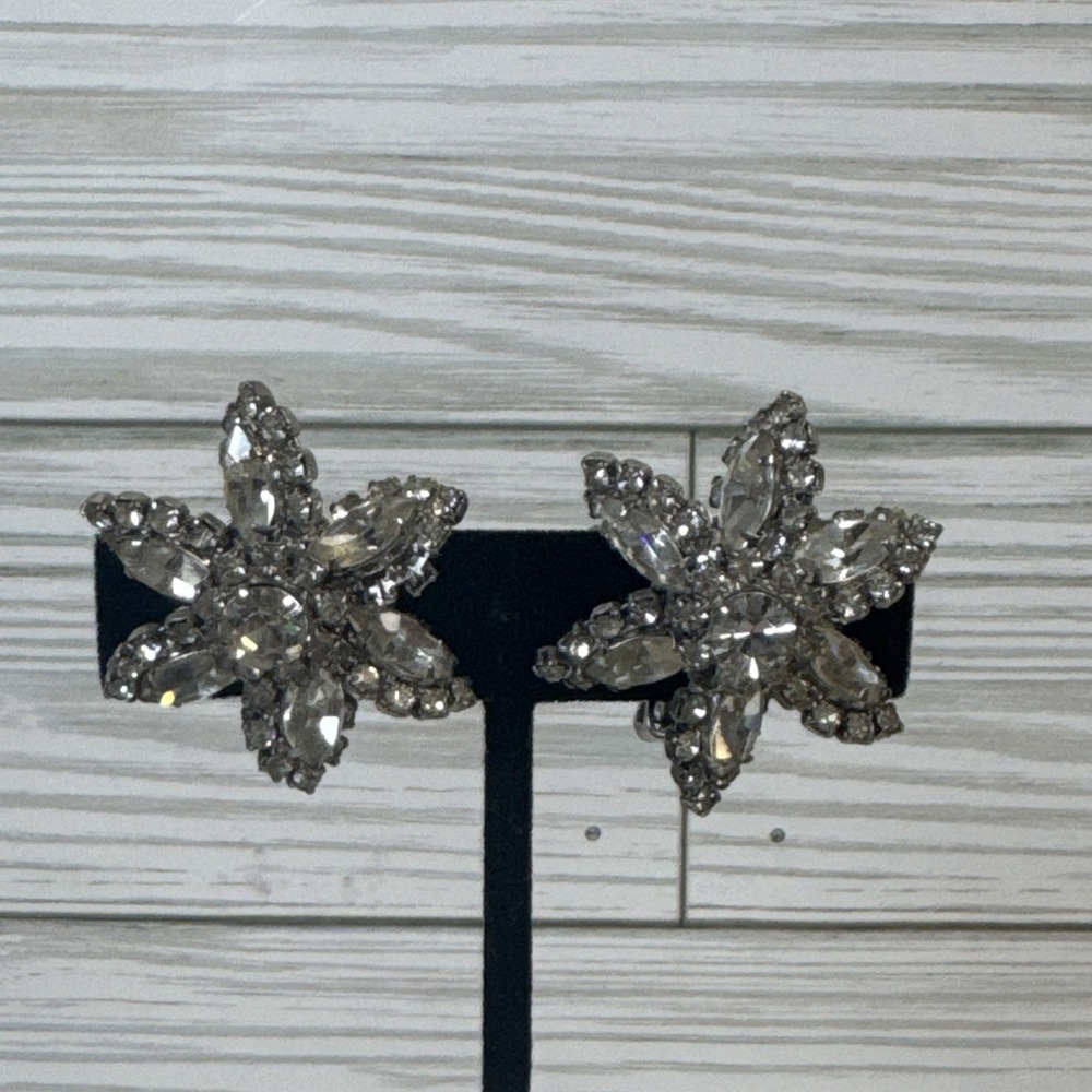 Vintage Clear Rhinestone Flower Clip On Earrings 1.5"Across